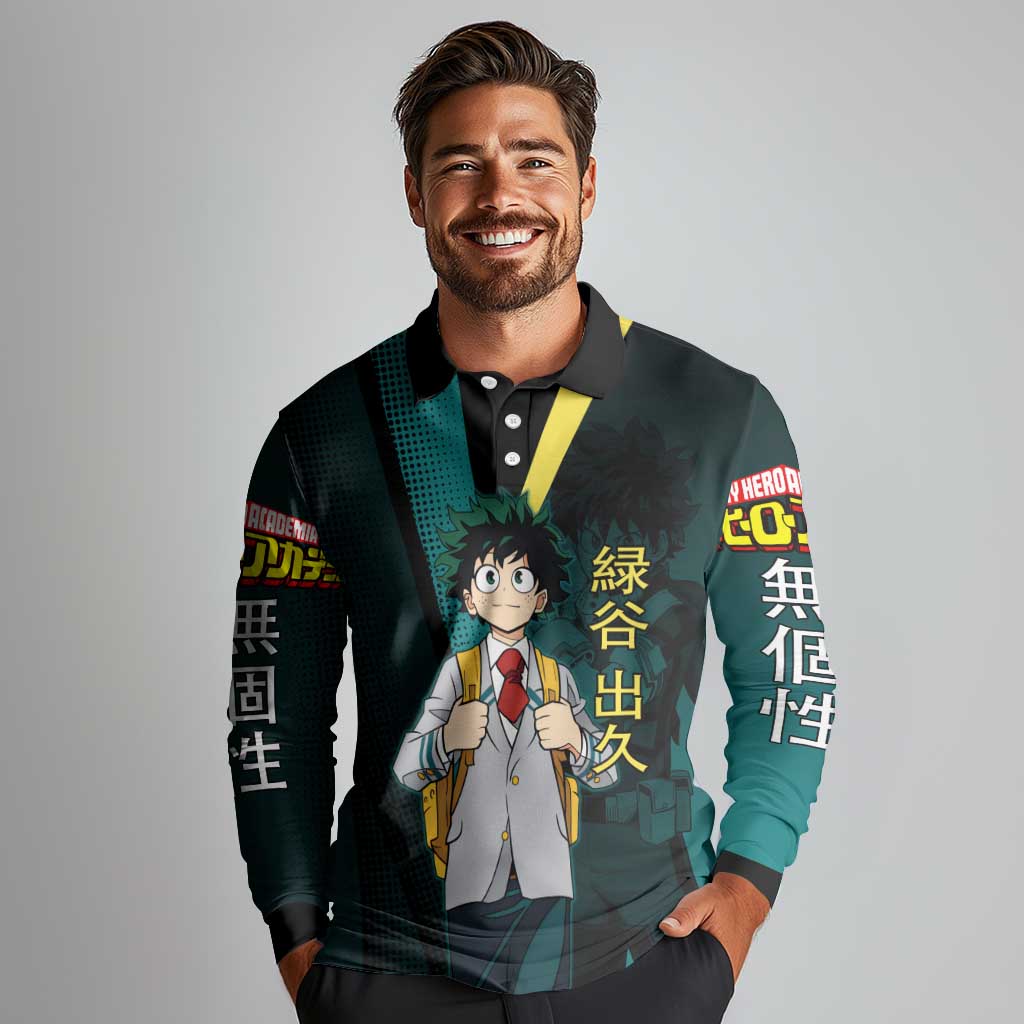 Izuku Midoriya Transformation Long Sleeve Polo Shirt Japanese Comic Book Style