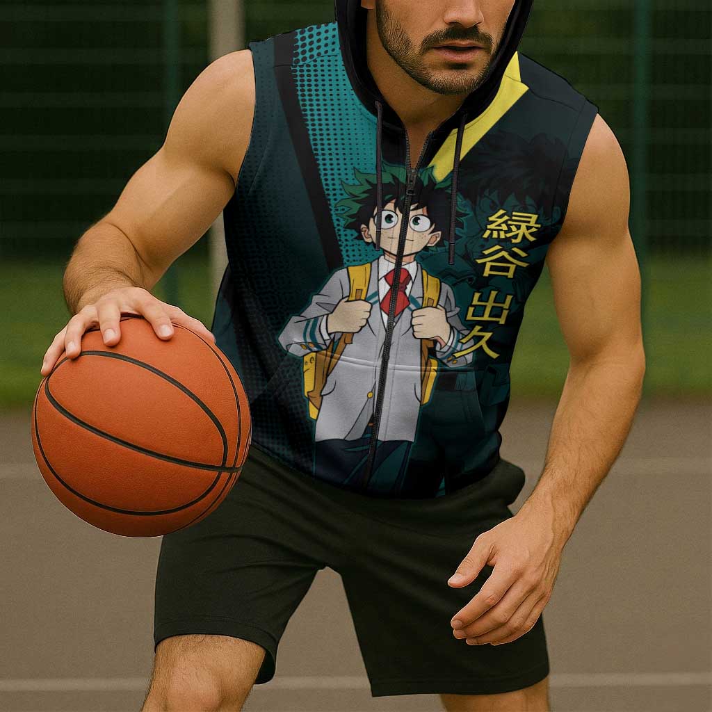 Izuku Midoriya Transformation Sleeveless Zip Hoodie Japanese Comic Book Style