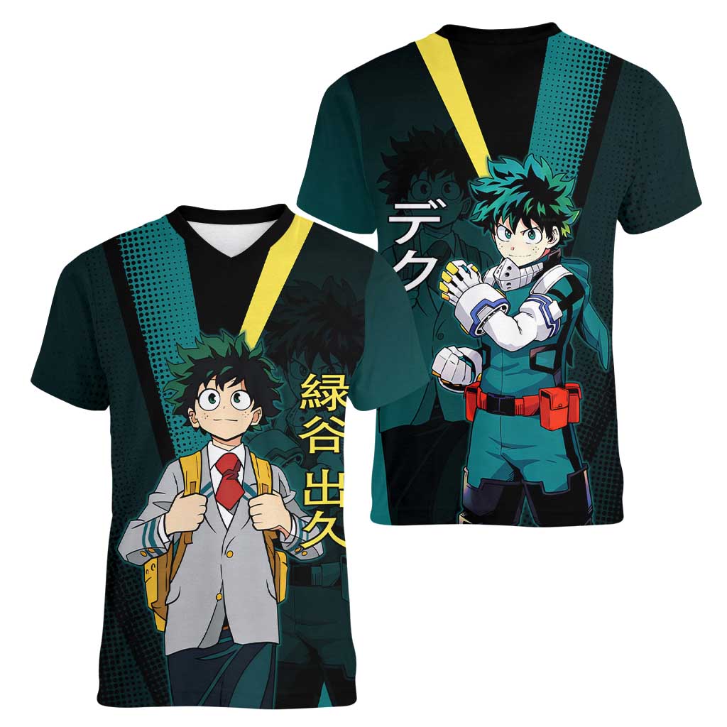 Izuku Midoriya Transformation Women V-Neck T-Shirt Japanese Comic Book Style