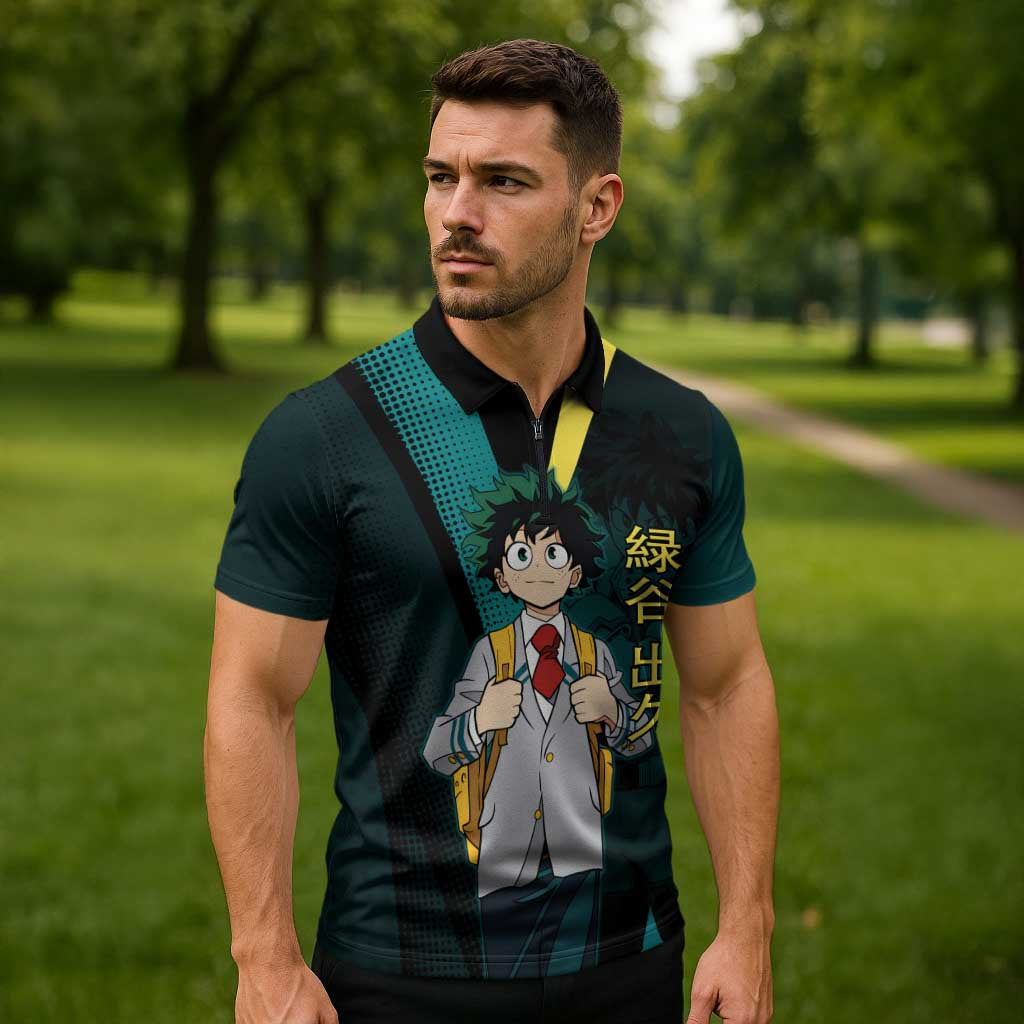 Izuku Midoriya Transformation Zipper Polo Shirt Japanese Comic Book Style