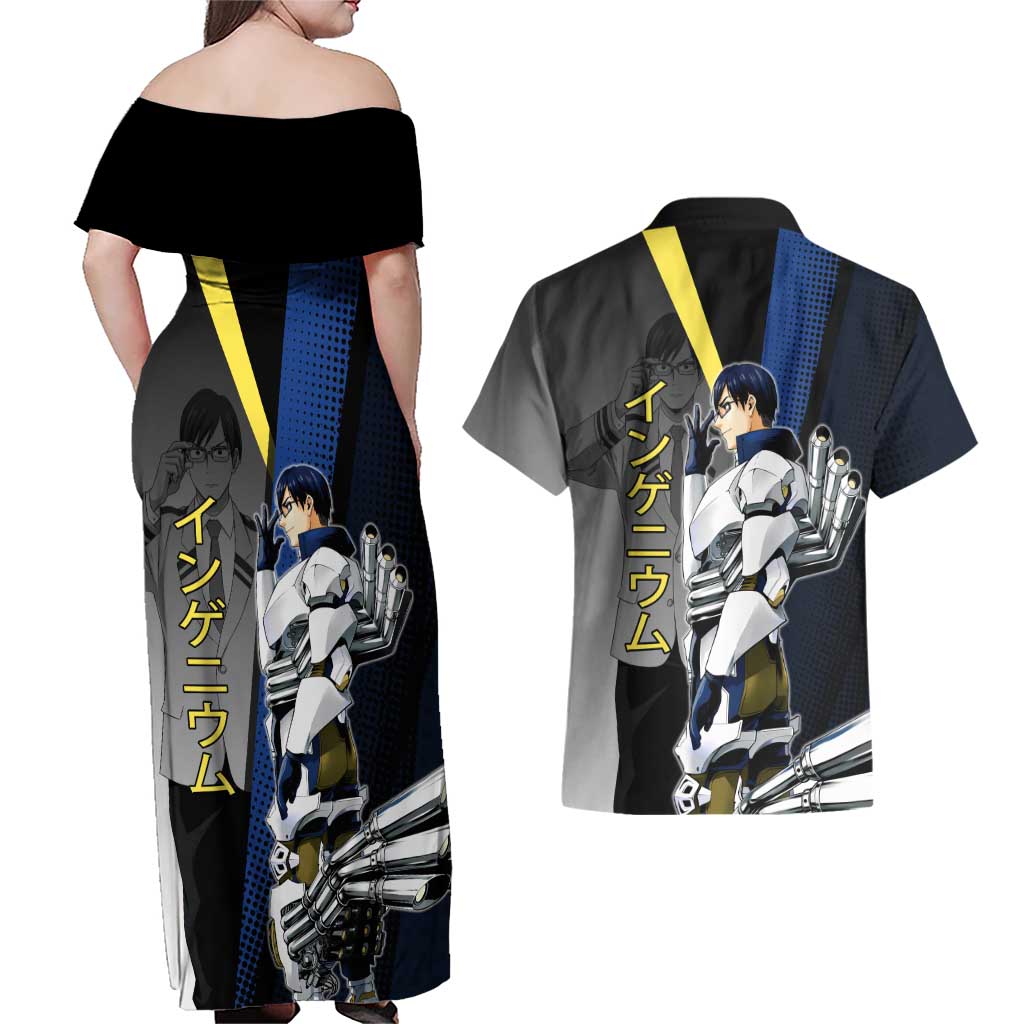 Tenya Iida Engine Hero Couples Matching Off Shoulder Maxi Dress and Hawaiian Shirt Japanese Comic Book Style