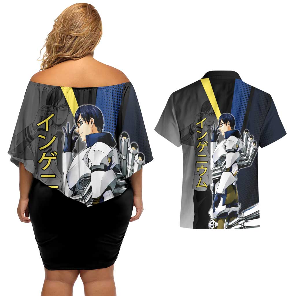Tenya Iida Engine Hero Couples Matching Off Shoulder Short Dress and Hawaiian Shirt Japanese Comic Book Style