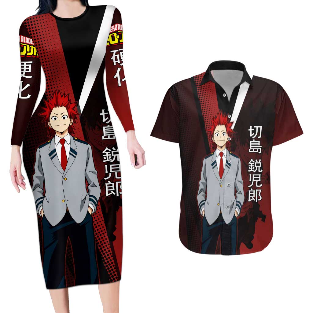 Eijiro Kirishima Red Riot Couples Matching Long Sleeve Bodycon Dress and Hawaiian Shirt Japanese Comic Book Style