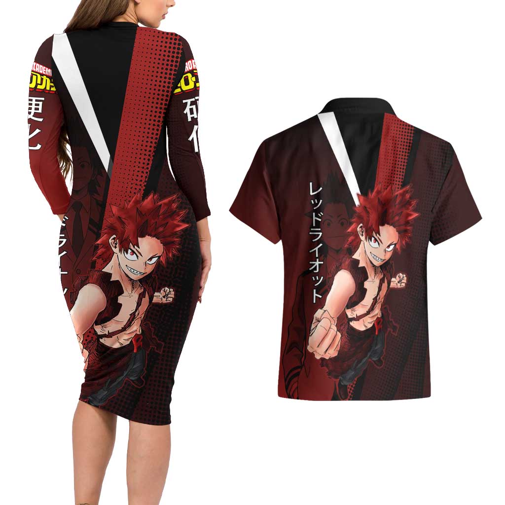 Eijiro Kirishima Red Riot Couples Matching Long Sleeve Bodycon Dress and Hawaiian Shirt Japanese Comic Book Style