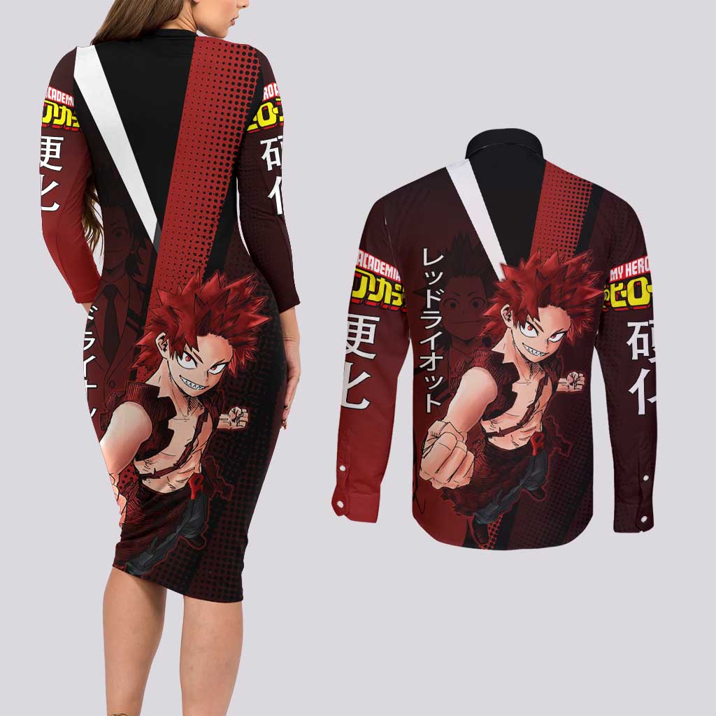 Eijiro Kirishima Red Riot Couples Matching Long Sleeve Bodycon Dress and Long Sleeve Button Shirt Japanese Comic Book Style