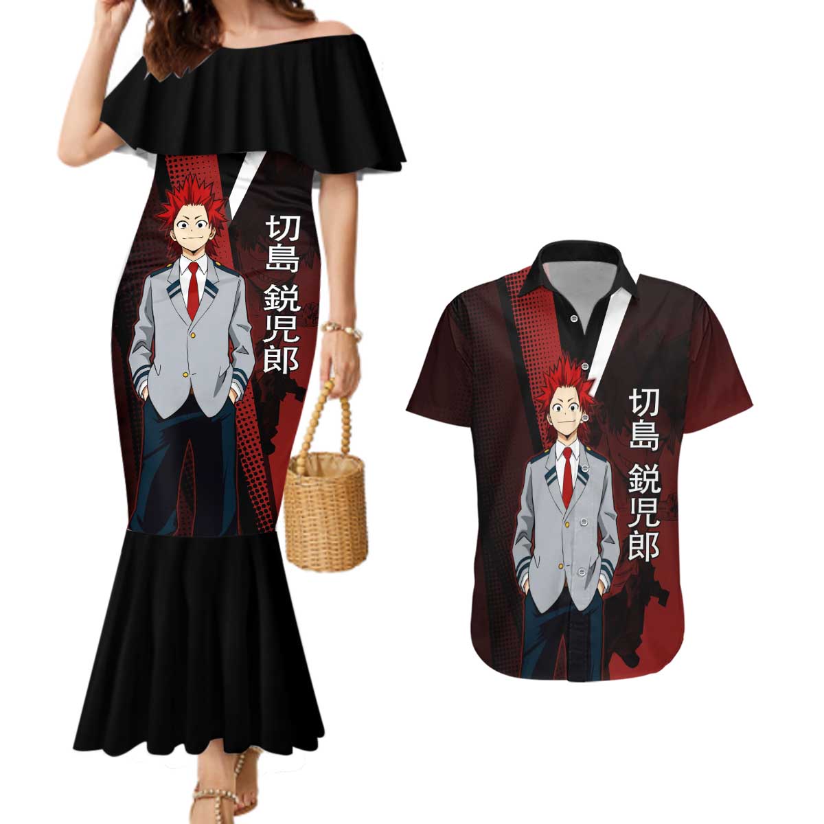 Eijiro Kirishima Red Riot Couples Matching Mermaid Dress and Hawaiian Shirt Japanese Comic Book Style