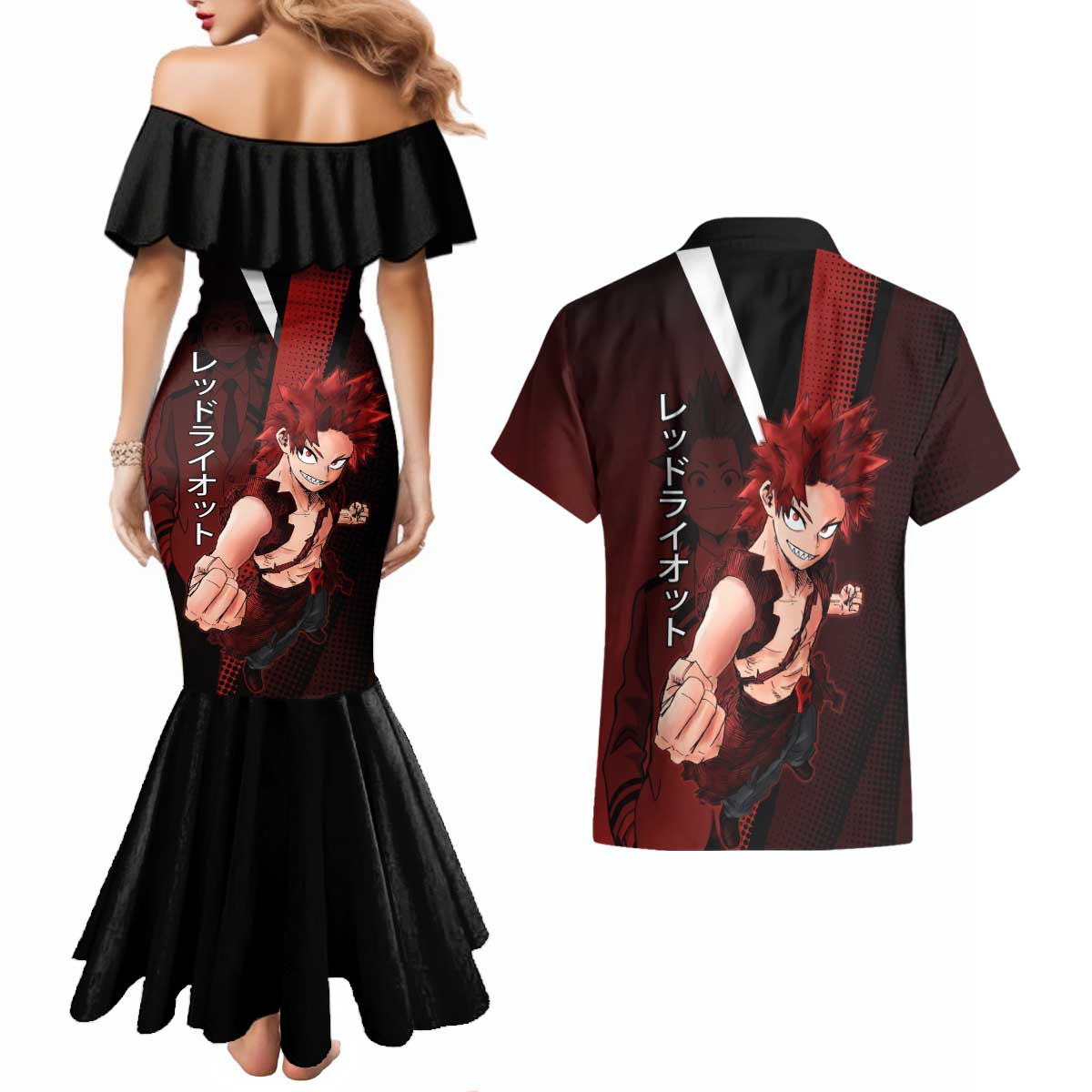 Eijiro Kirishima Red Riot Couples Matching Mermaid Dress and Hawaiian Shirt Japanese Comic Book Style