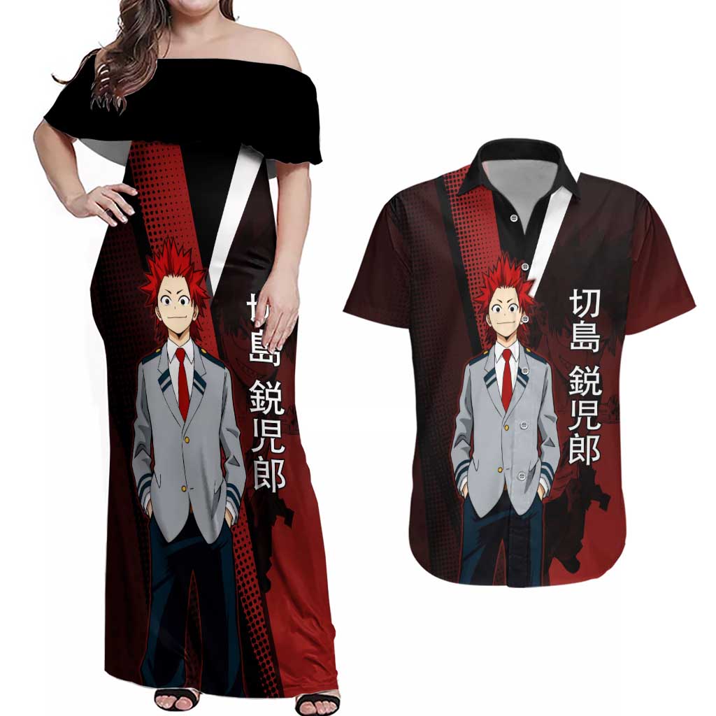Eijiro Kirishima Red Riot Couples Matching Off Shoulder Maxi Dress and Hawaiian Shirt Japanese Comic Book Style
