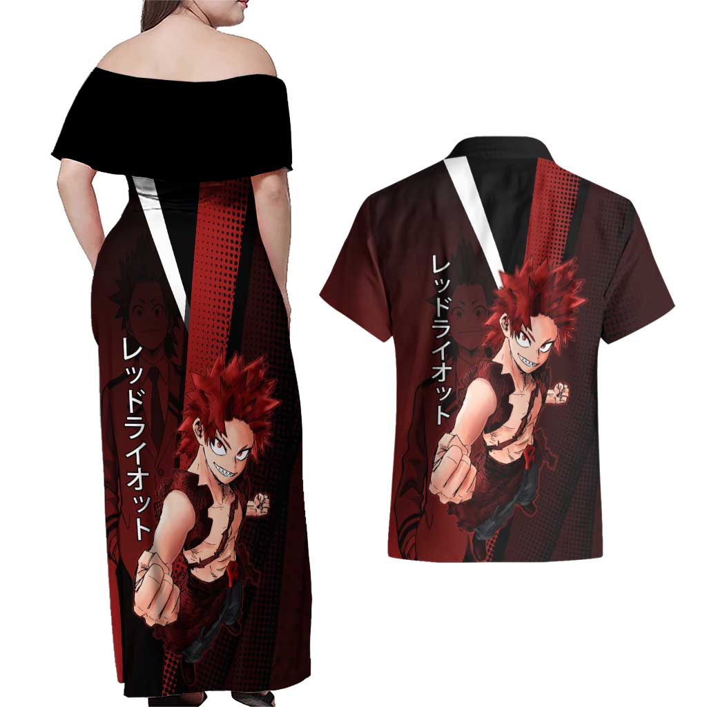 Eijiro Kirishima Red Riot Couples Matching Off Shoulder Maxi Dress and Hawaiian Shirt Japanese Comic Book Style