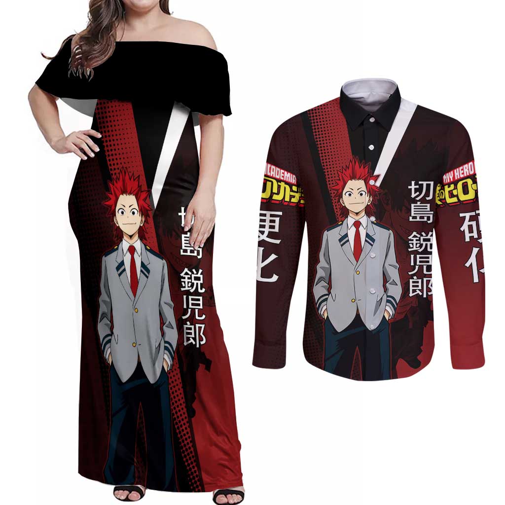 Eijiro Kirishima Red Riot Couples Matching Off Shoulder Maxi Dress and Long Sleeve Button Shirt Japanese Comic Book Style