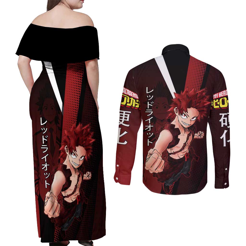 Eijiro Kirishima Red Riot Couples Matching Off Shoulder Maxi Dress and Long Sleeve Button Shirt Japanese Comic Book Style