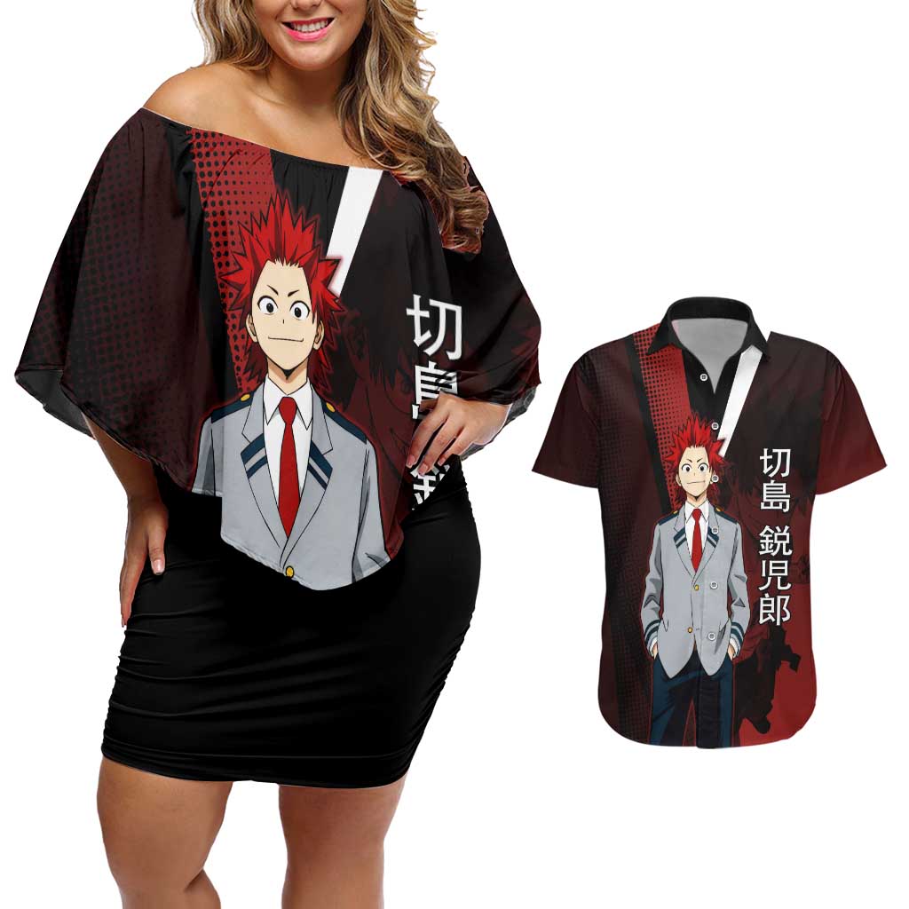 Eijiro Kirishima Red Riot Couples Matching Off Shoulder Short Dress and Hawaiian Shirt Japanese Comic Book Style
