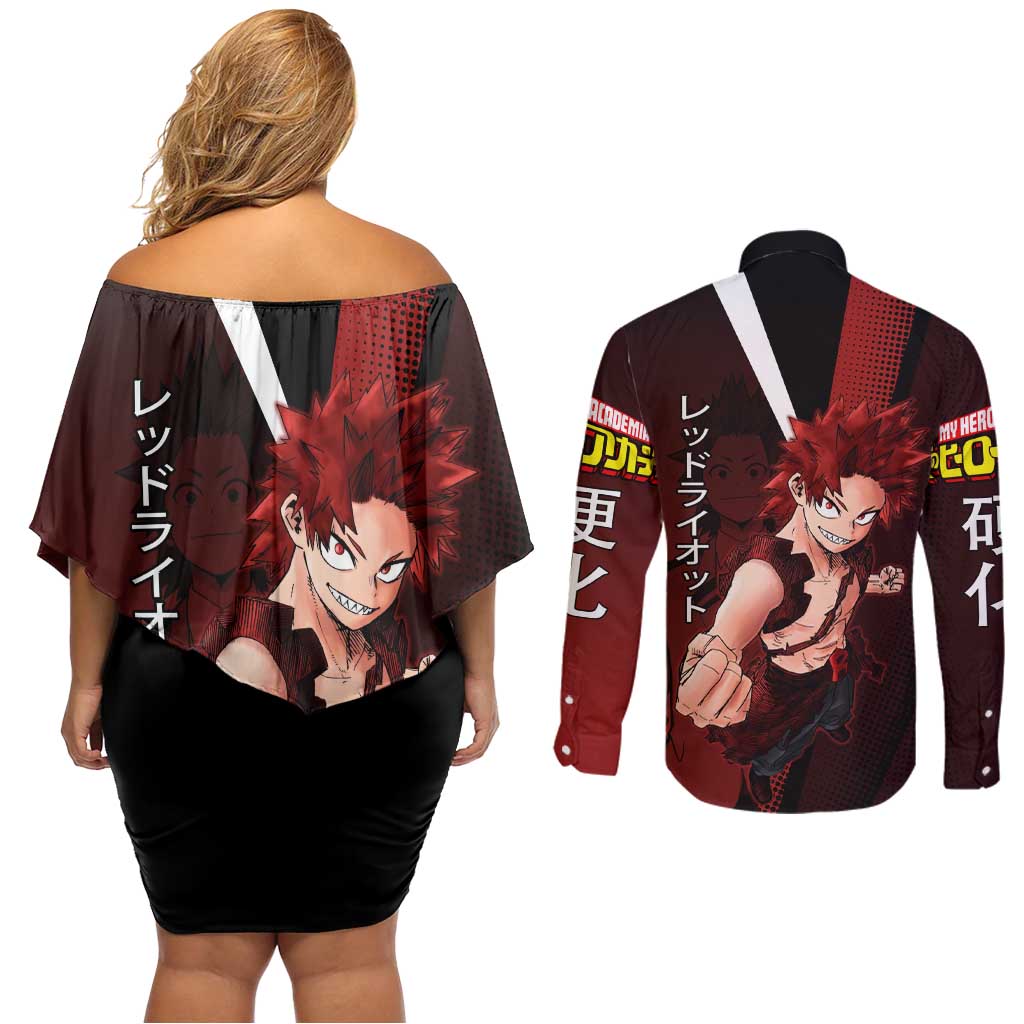 Eijiro Kirishima Red Riot Couples Matching Off Shoulder Short Dress and Long Sleeve Button Shirt Japanese Comic Book Style