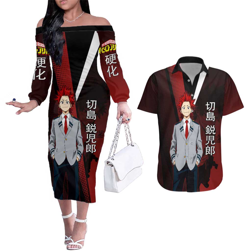 Eijiro Kirishima Red Riot Couples Matching Off The Shoulder Long Sleeve Dress and Hawaiian Shirt Japanese Comic Book Style