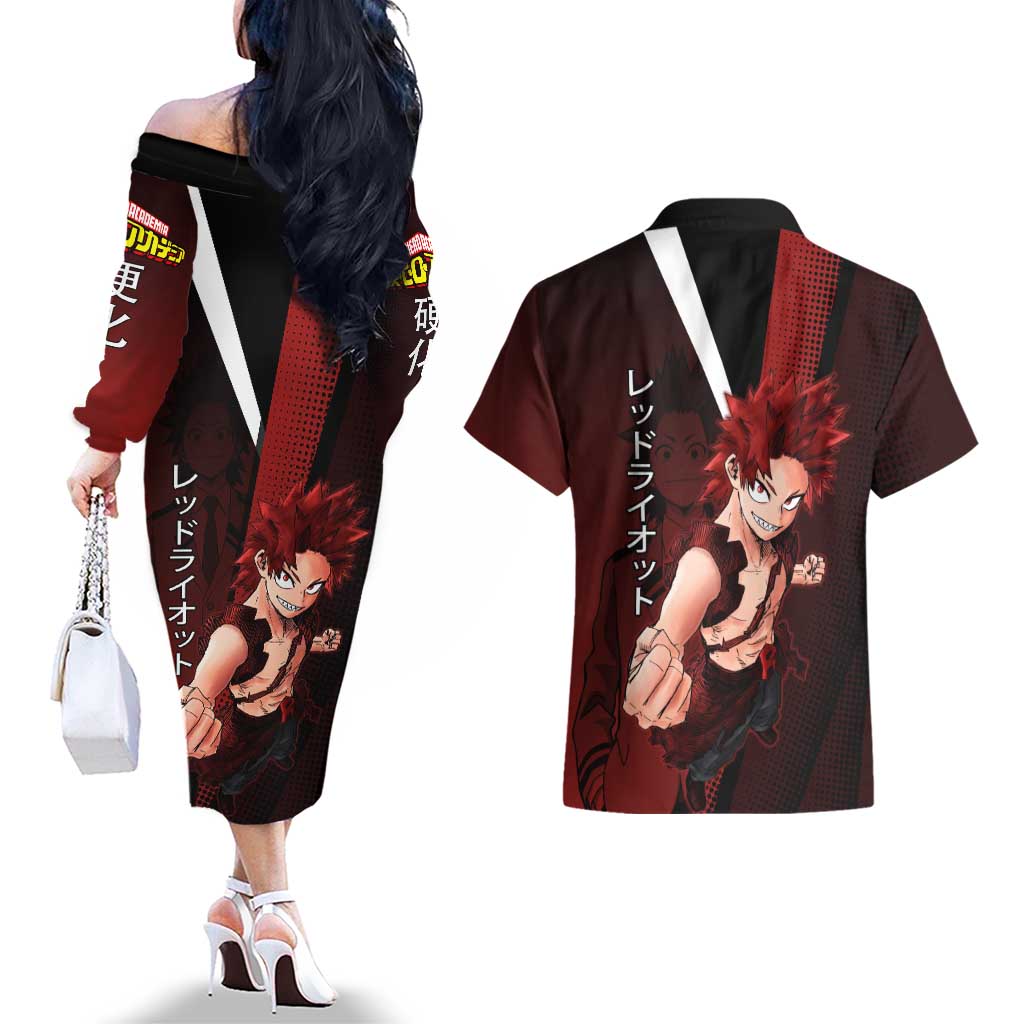 Eijiro Kirishima Red Riot Couples Matching Off The Shoulder Long Sleeve Dress and Hawaiian Shirt Japanese Comic Book Style