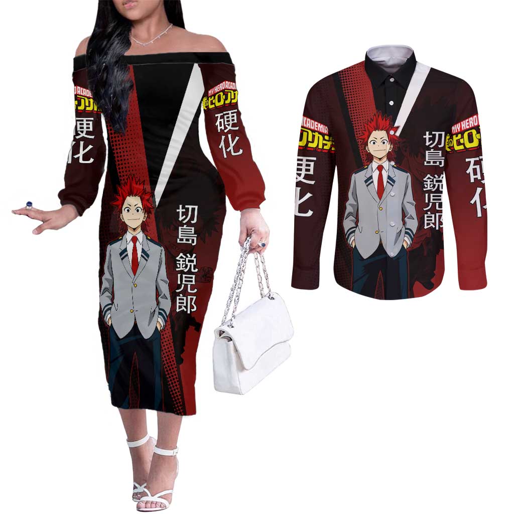 Eijiro Kirishima Red Riot Couples Matching Off The Shoulder Long Sleeve Dress and Long Sleeve Button Shirt Japanese Comic Book Style