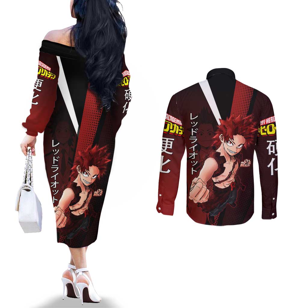 Eijiro Kirishima Red Riot Couples Matching Off The Shoulder Long Sleeve Dress and Long Sleeve Button Shirt Japanese Comic Book Style
