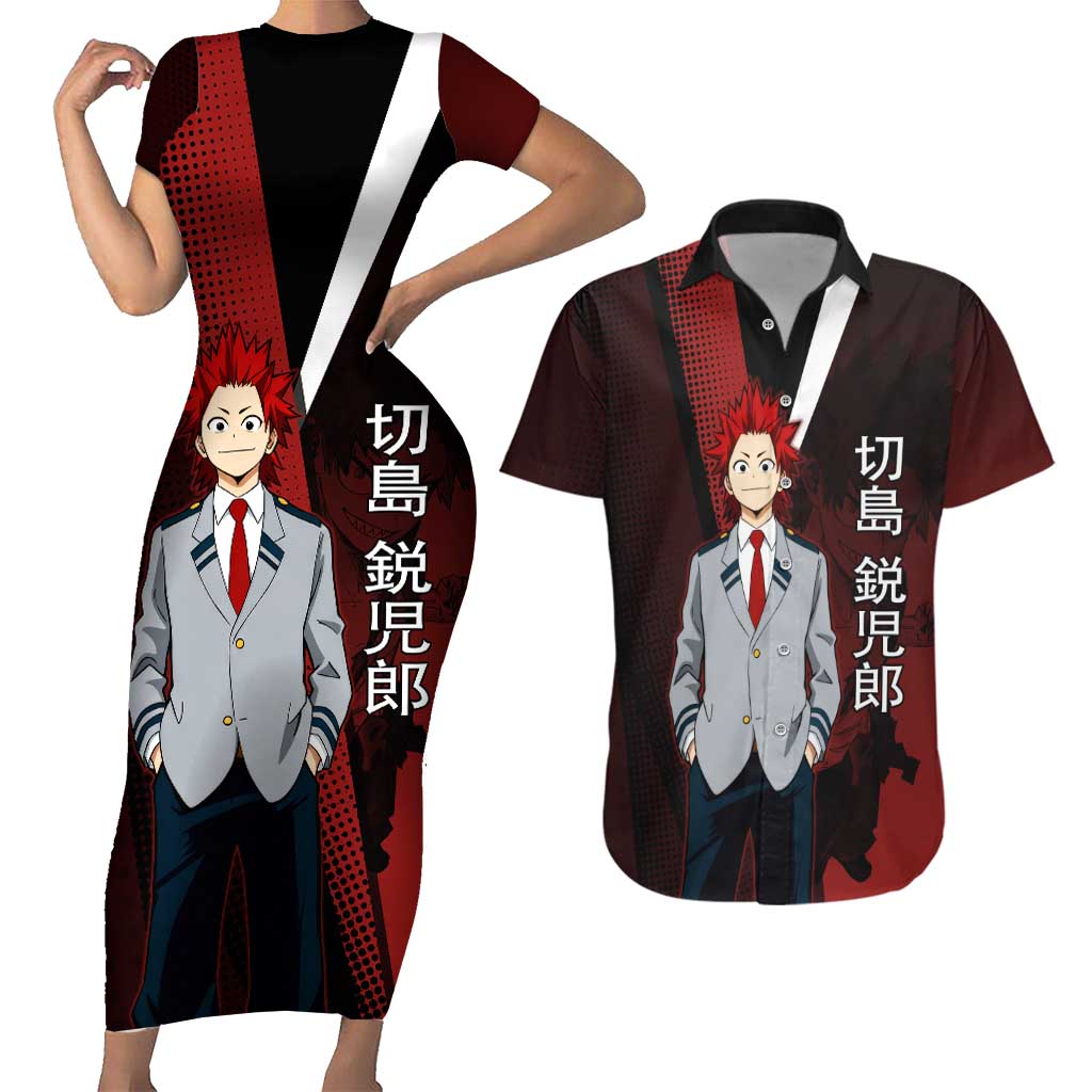 Eijiro Kirishima Red Riot Couples Matching Short Sleeve Bodycon Dress and Hawaiian Shirt Japanese Comic Book Style