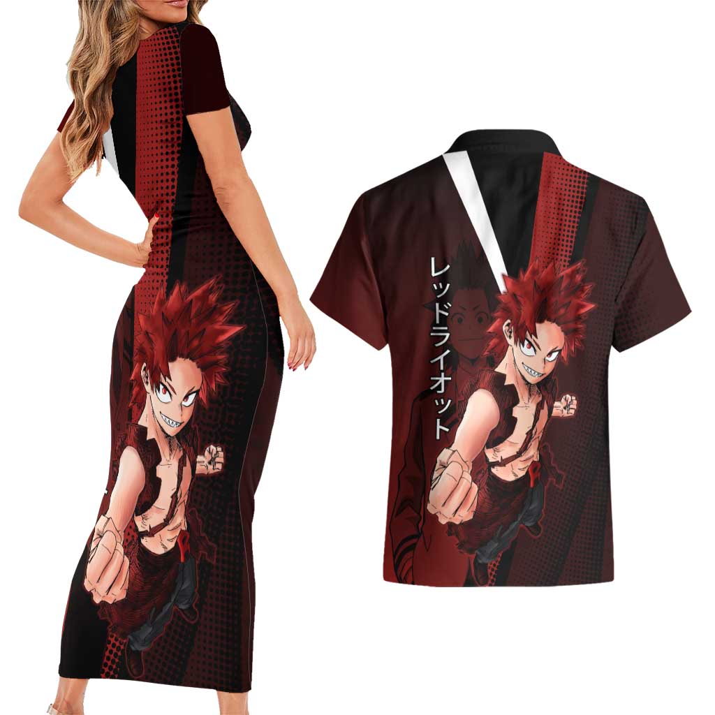 Eijiro Kirishima Red Riot Couples Matching Short Sleeve Bodycon Dress and Hawaiian Shirt Japanese Comic Book Style