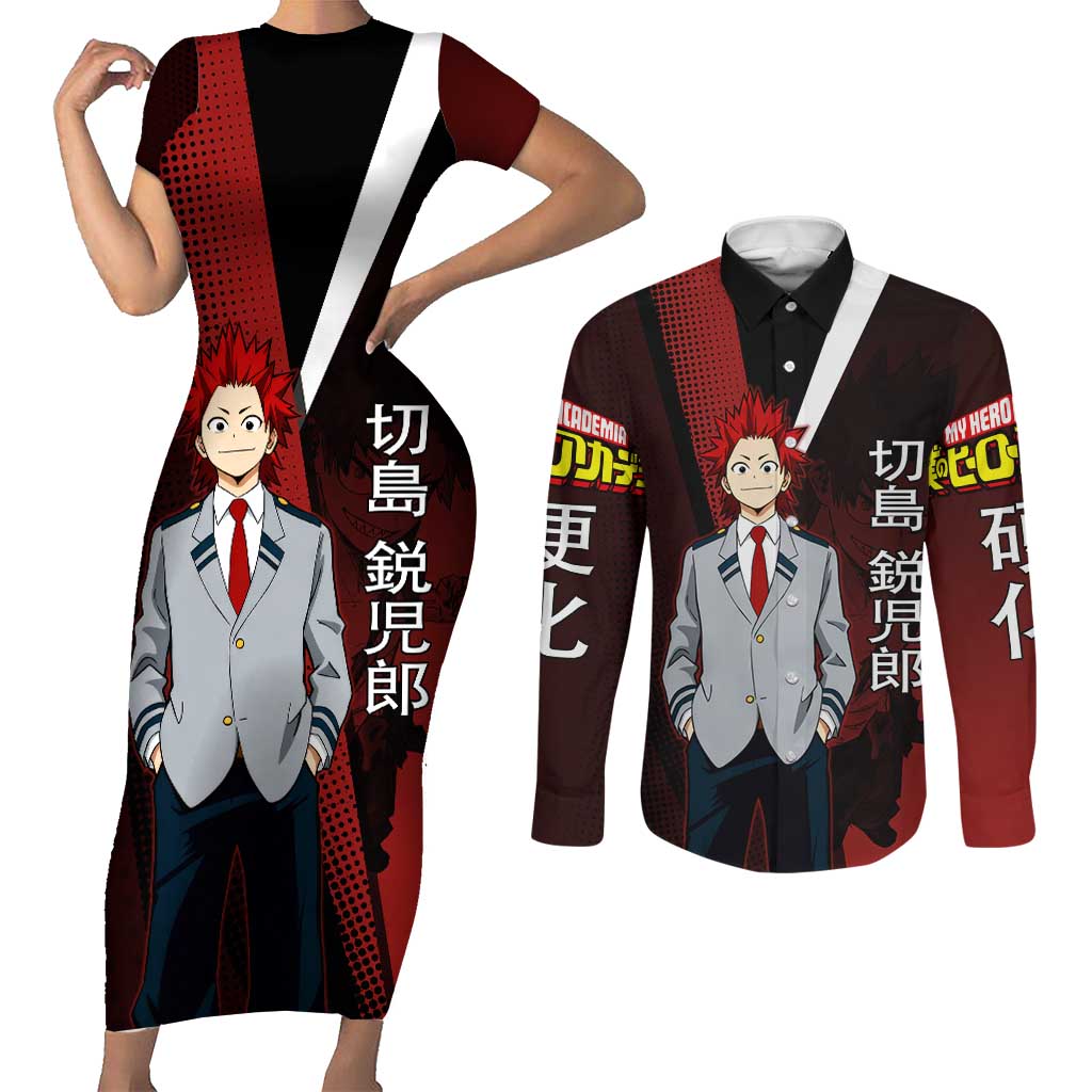 Eijiro Kirishima Red Riot Couples Matching Short Sleeve Bodycon Dress and Long Sleeve Button Shirt Japanese Comic Book Style