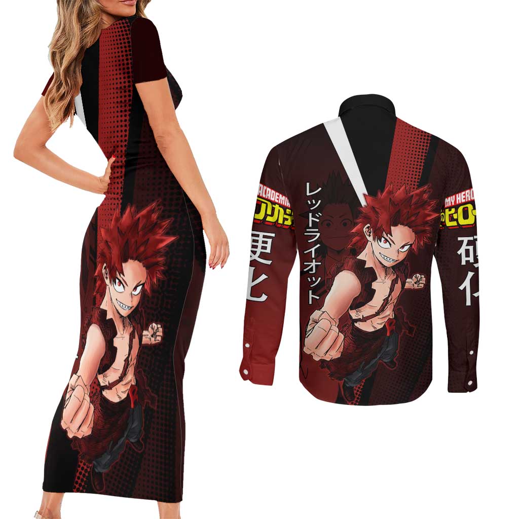 Eijiro Kirishima Red Riot Couples Matching Short Sleeve Bodycon Dress and Long Sleeve Button Shirt Japanese Comic Book Style