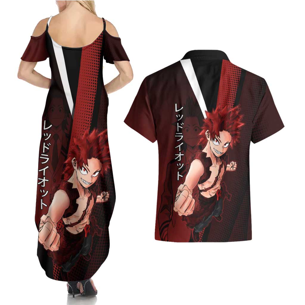 Eijiro Kirishima Red Riot Couples Matching Summer Maxi Dress and Hawaiian Shirt Japanese Comic Book Style