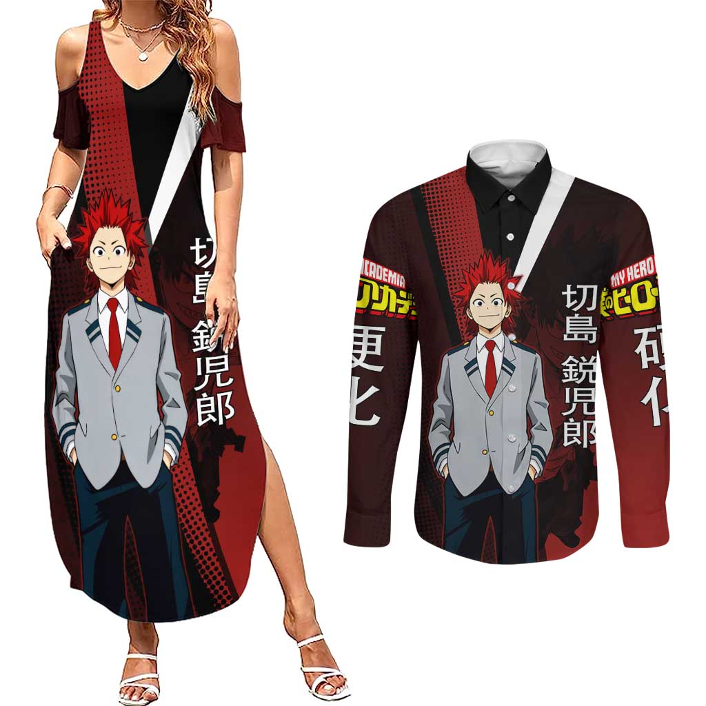 Eijiro Kirishima Red Riot Couples Matching Summer Maxi Dress and Long Sleeve Button Shirt Japanese Comic Book Style