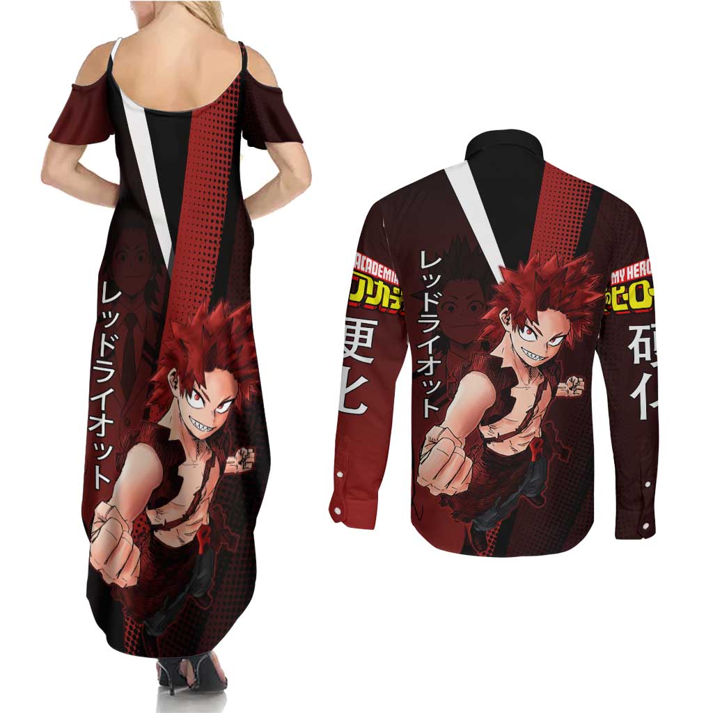 Eijiro Kirishima Red Riot Couples Matching Summer Maxi Dress and Long Sleeve Button Shirt Japanese Comic Book Style
