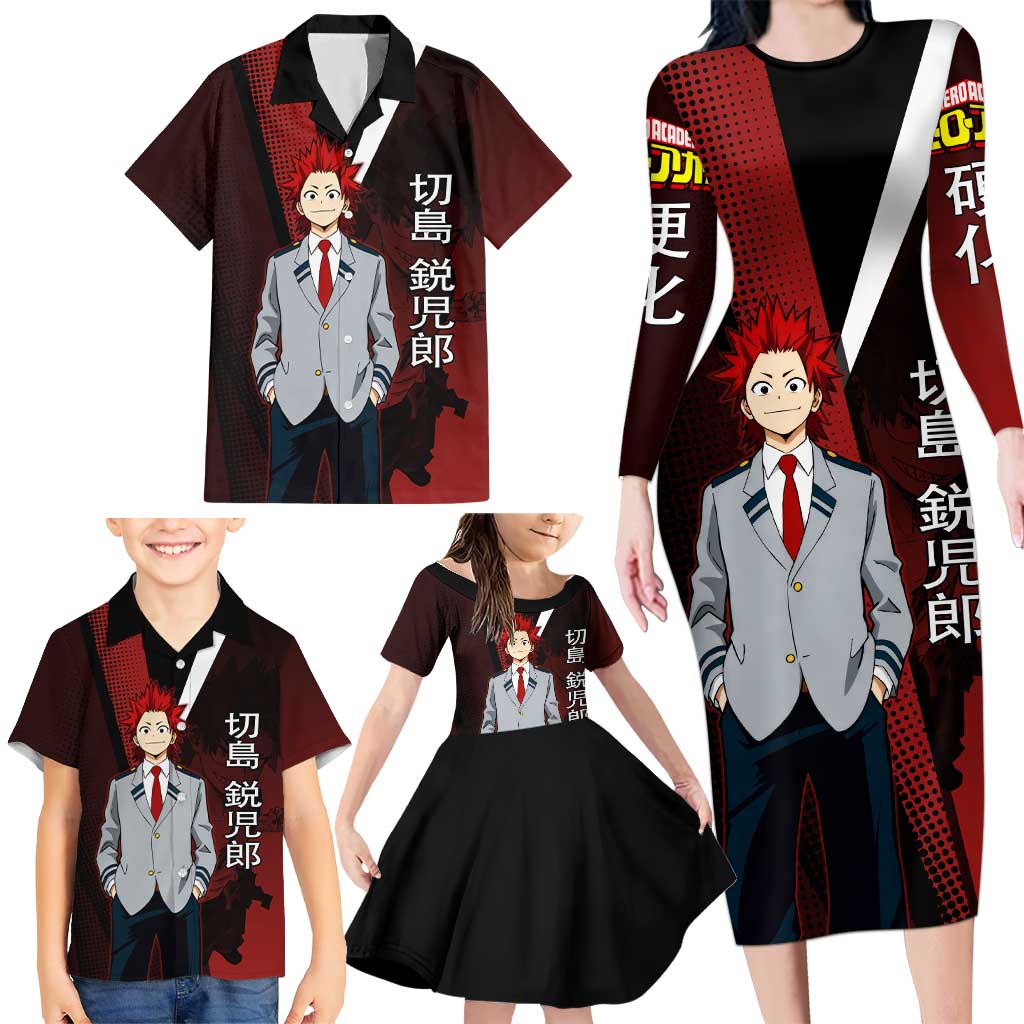 Eijiro Kirishima Red Riot Family Matching Long Sleeve Bodycon Dress and Hawaiian Shirt Japanese Comic Book Style