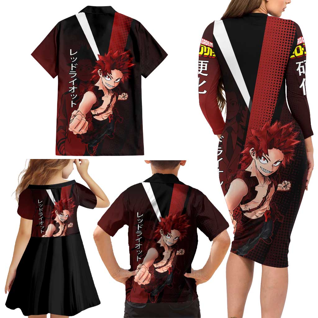 Eijiro Kirishima Red Riot Family Matching Long Sleeve Bodycon Dress and Hawaiian Shirt Japanese Comic Book Style
