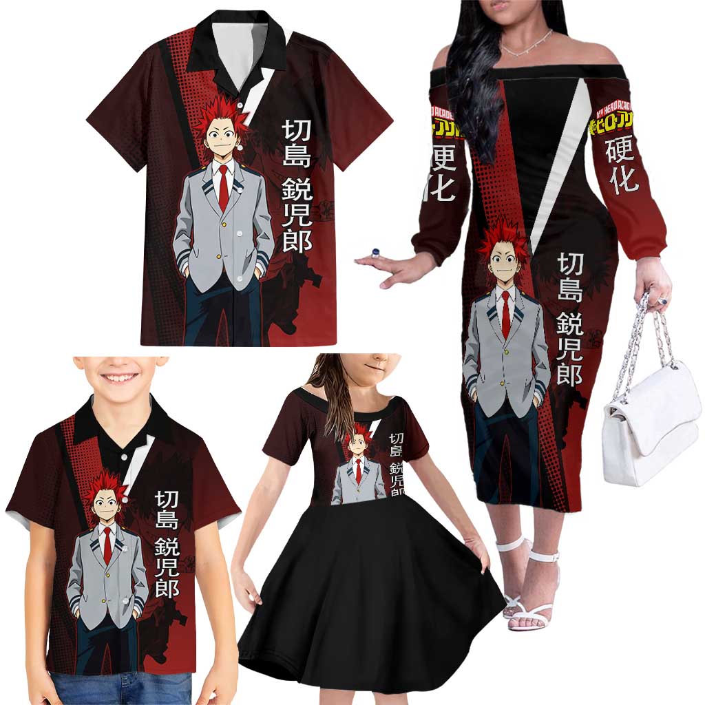 Eijiro Kirishima Red Riot Family Matching Off The Shoulder Long Sleeve Dress and Hawaiian Shirt Japanese Comic Book Style