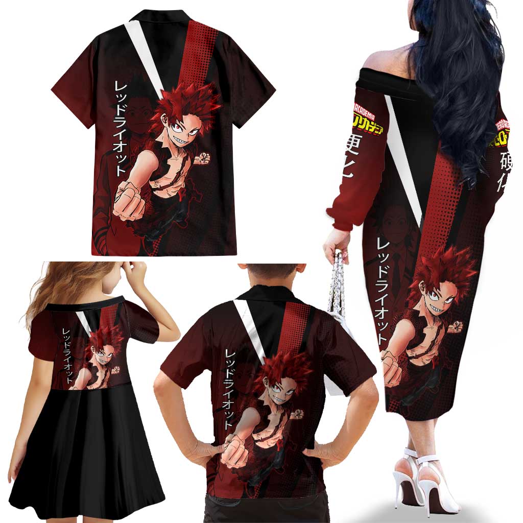Eijiro Kirishima Red Riot Family Matching Off The Shoulder Long Sleeve Dress and Hawaiian Shirt Japanese Comic Book Style