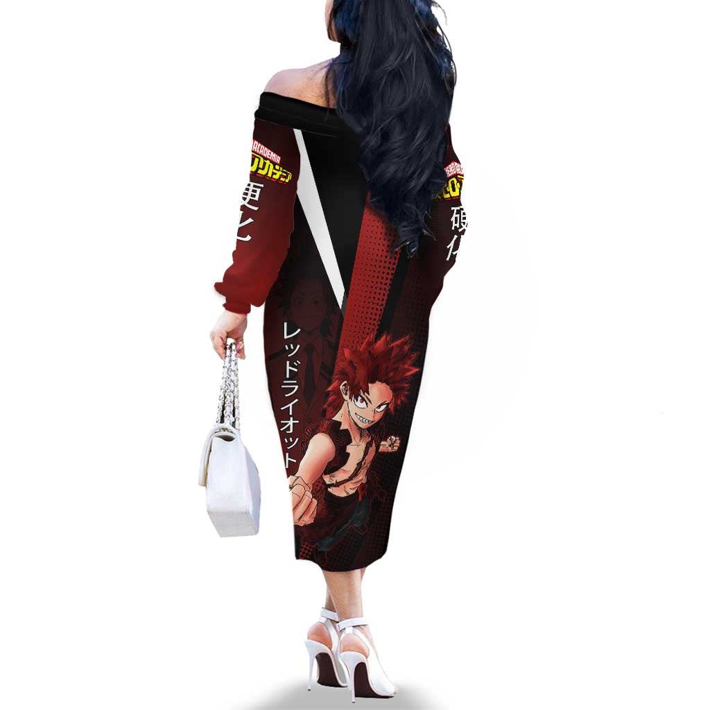 Eijiro Kirishima Red Riot Family Matching Off The Shoulder Long Sleeve Dress and Hawaiian Shirt Japanese Comic Book Style