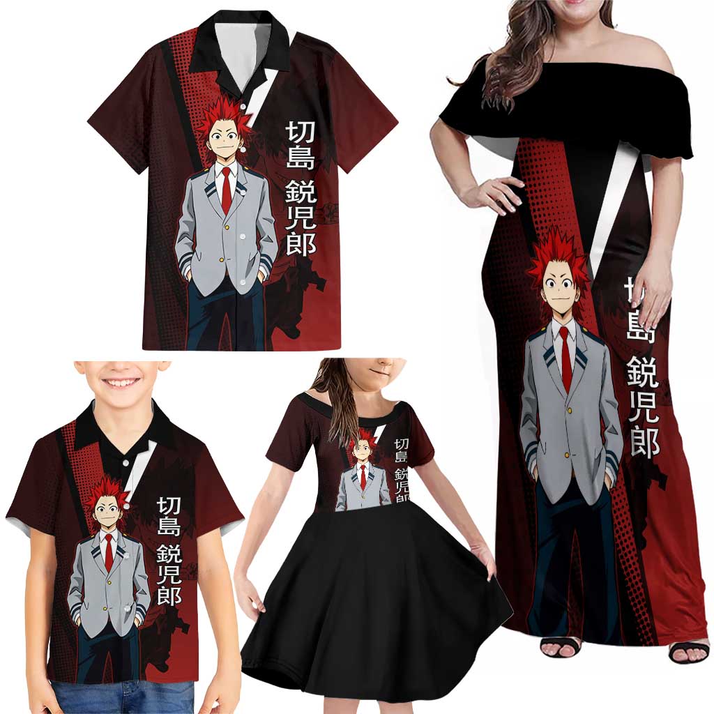 Eijiro Kirishima Red Riot Family Matching Off Shoulder Maxi Dress and Hawaiian Shirt Japanese Comic Book Style