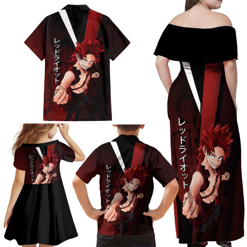 Eijiro Kirishima Red Riot Family Matching Off Shoulder Maxi Dress and Hawaiian Shirt Japanese Comic Book Style