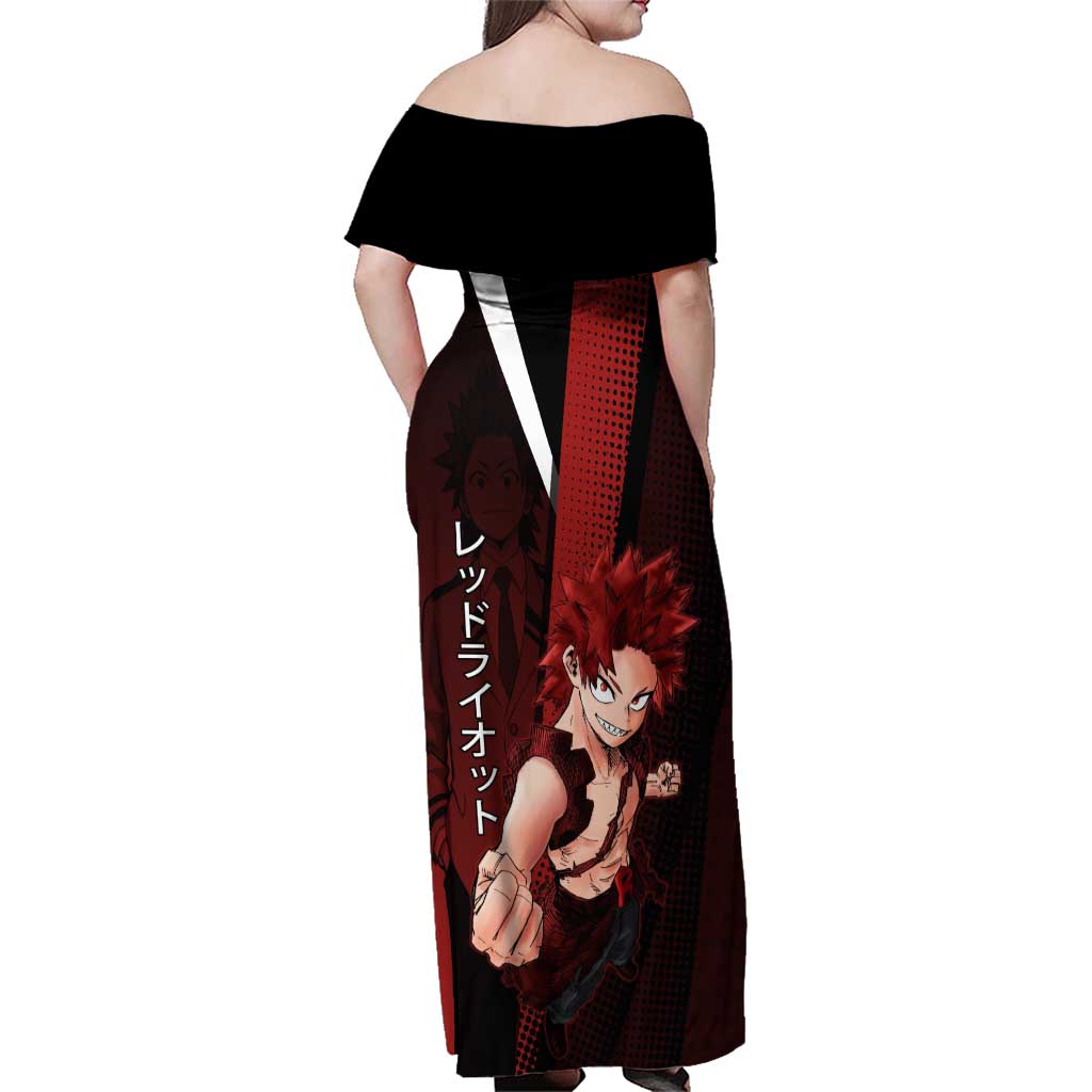 Eijiro Kirishima Red Riot Family Matching Off Shoulder Maxi Dress and Hawaiian Shirt Japanese Comic Book Style