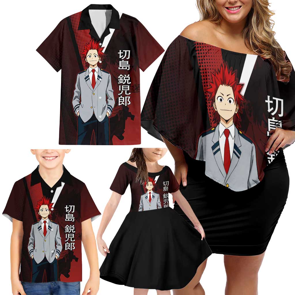 Eijiro Kirishima Red Riot Family Matching Off Shoulder Short Dress and Hawaiian Shirt Japanese Comic Book Style