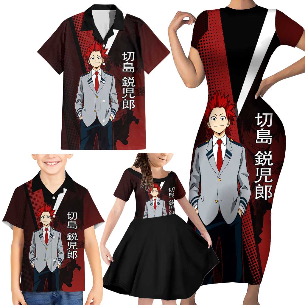 Eijiro Kirishima Red Riot Family Matching Short Sleeve Bodycon Dress and Hawaiian Shirt Japanese Comic Book Style