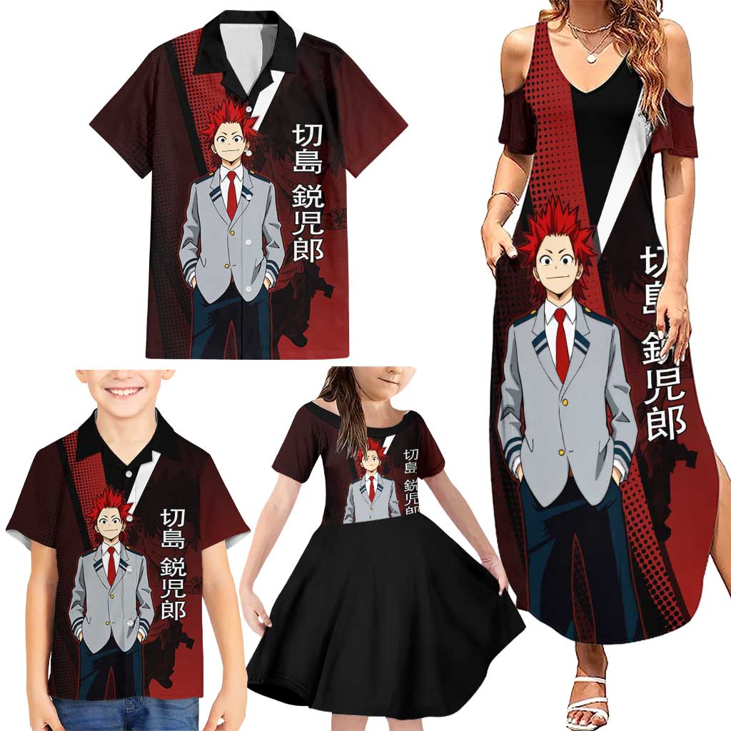 Eijiro Kirishima Red Riot Family Matching Summer Maxi Dress and Hawaiian Shirt Japanese Comic Book Style