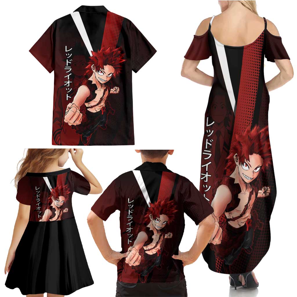 Eijiro Kirishima Red Riot Family Matching Summer Maxi Dress and Hawaiian Shirt Japanese Comic Book Style