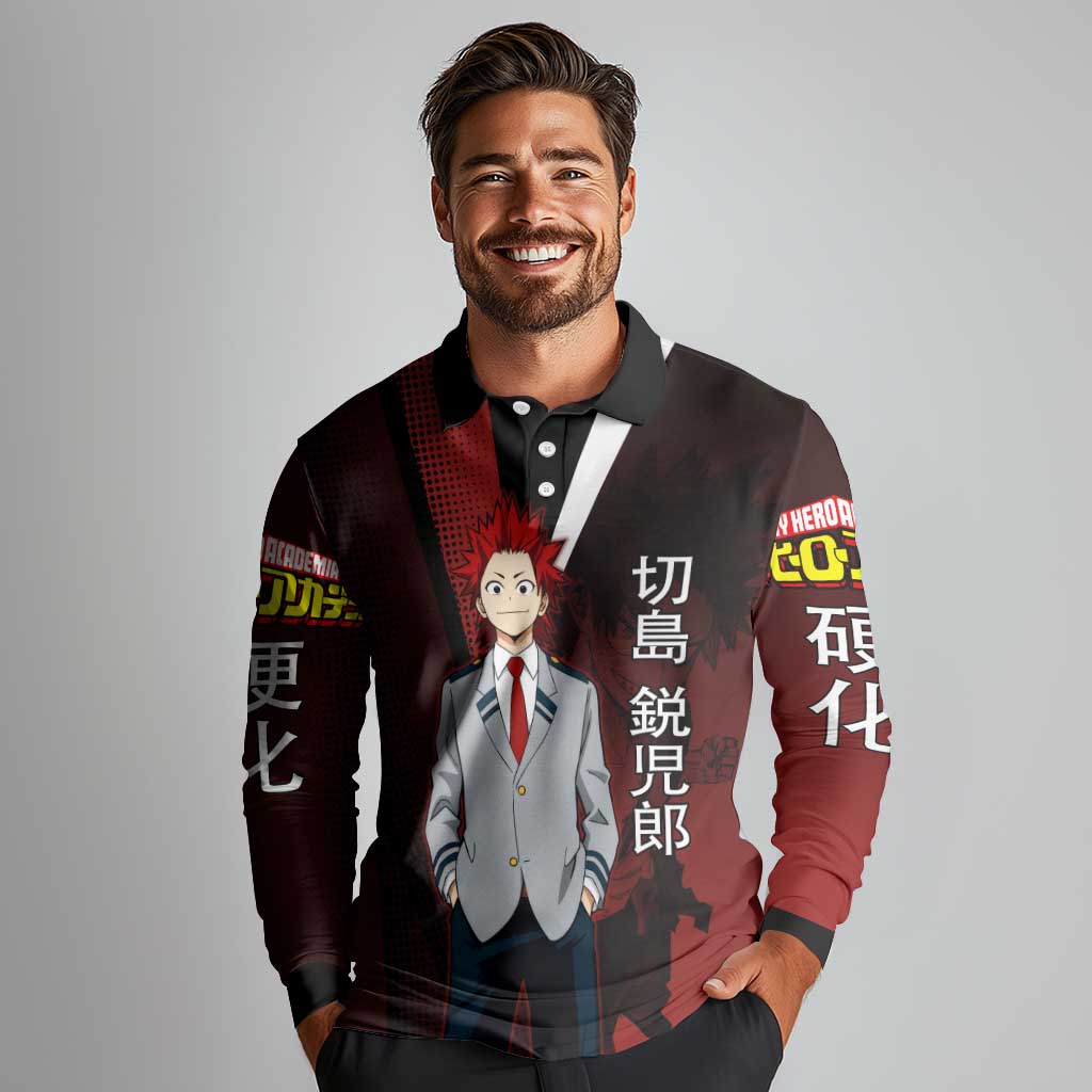 Eijiro Kirishima Red Riot Long Sleeve Polo Shirt Japanese Comic Book Style