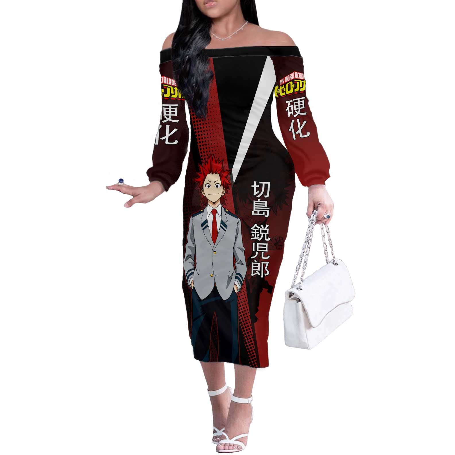 Eijiro Kirishima Red Riot Off The Shoulder Long Sleeve Dress Japanese Comic Book Style