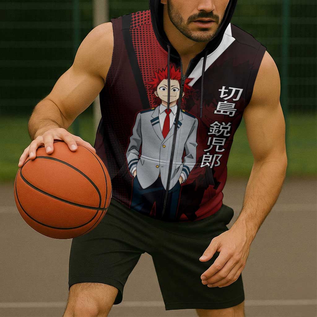 Eijiro Kirishima Red Riot Sleeveless Zip Hoodie Japanese Comic Book Style