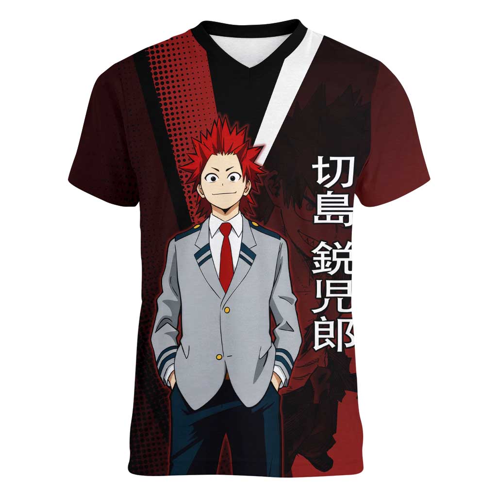 Eijiro Kirishima Red Riot Women V-Neck T-Shirt Japanese Comic Book Style