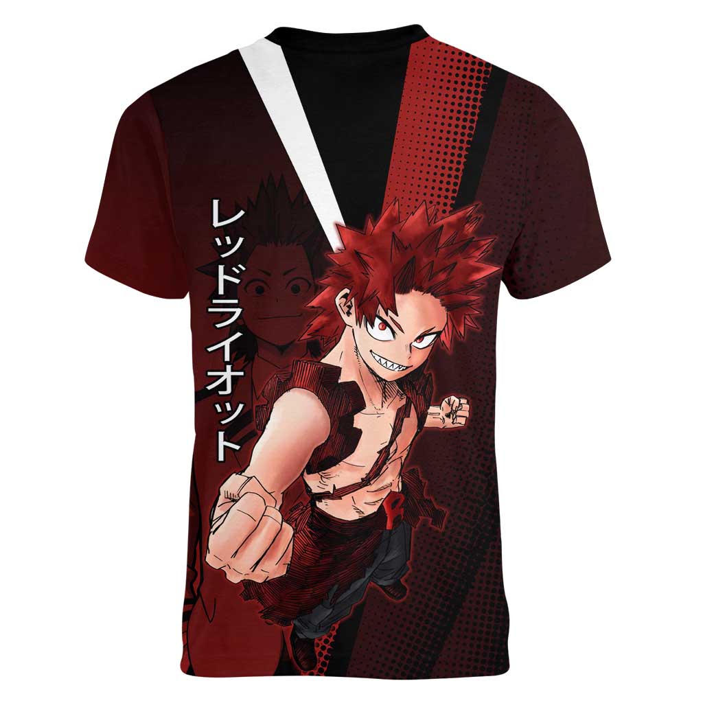 Eijiro Kirishima Red Riot Women V-Neck T-Shirt Japanese Comic Book Style