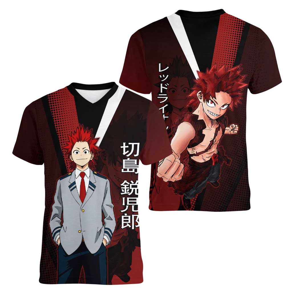 Eijiro Kirishima Red Riot Women V-Neck T-Shirt Japanese Comic Book Style