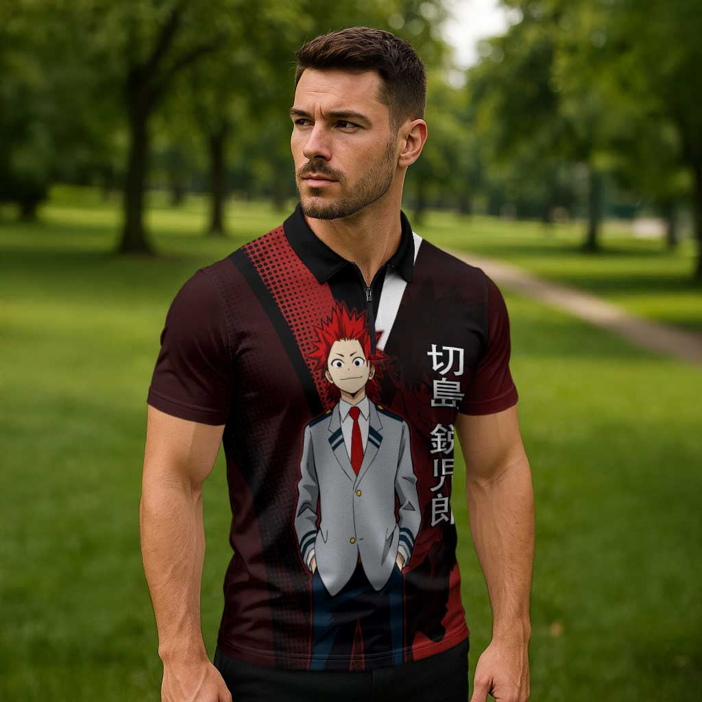 Eijiro Kirishima Red Riot Zipper Polo Shirt Japanese Comic Book Style