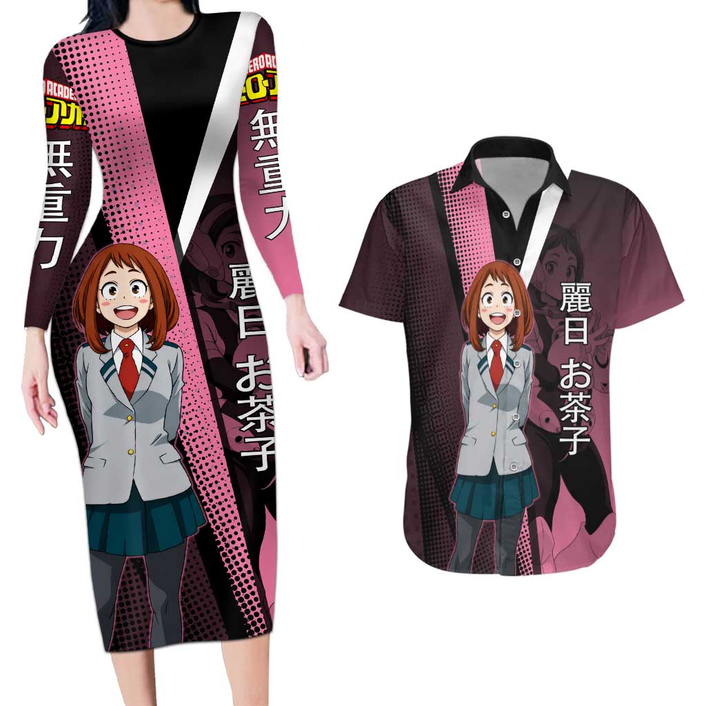 Ochaco Uraraka Uravity Couples Matching Long Sleeve Bodycon Dress and Hawaiian Shirt Japanese Comic Book Style