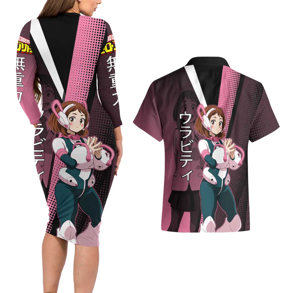 Ochaco Uraraka Uravity Couples Matching Long Sleeve Bodycon Dress and Hawaiian Shirt Japanese Comic Book Style