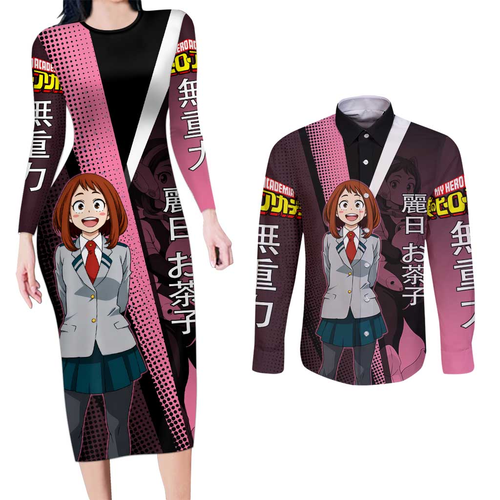 Ochaco Uraraka Uravity Couples Matching Long Sleeve Bodycon Dress and Long Sleeve Button Shirt Japanese Comic Book Style